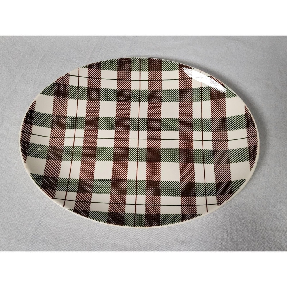Homer Laughlin Dura-Print Highland Plaid Oval Serving Platter 11.5 in Vtg 1950s